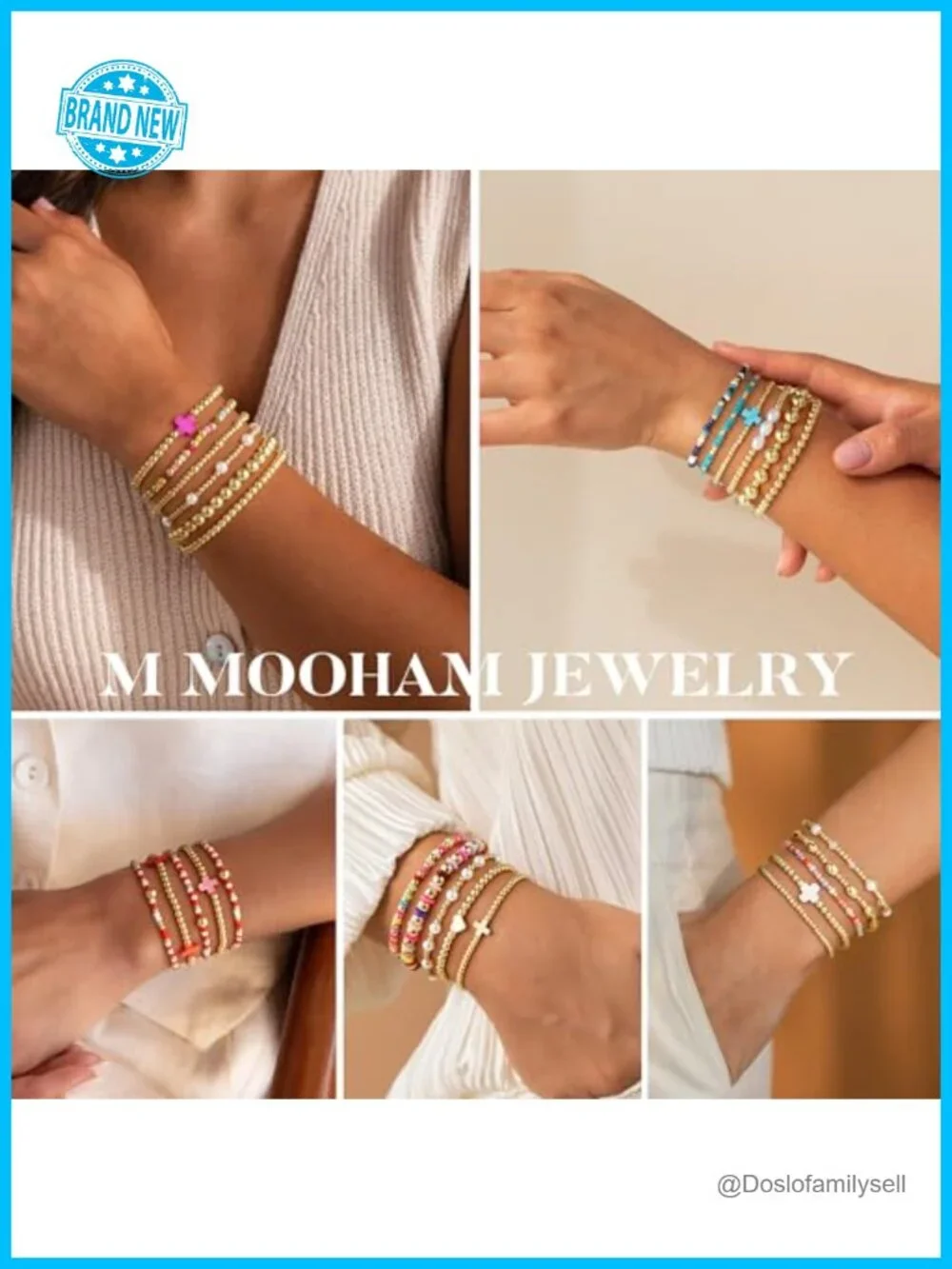 14K Gold Plated Stretch Beaded Bracelet Set - Cross Charm Elastic Pearl